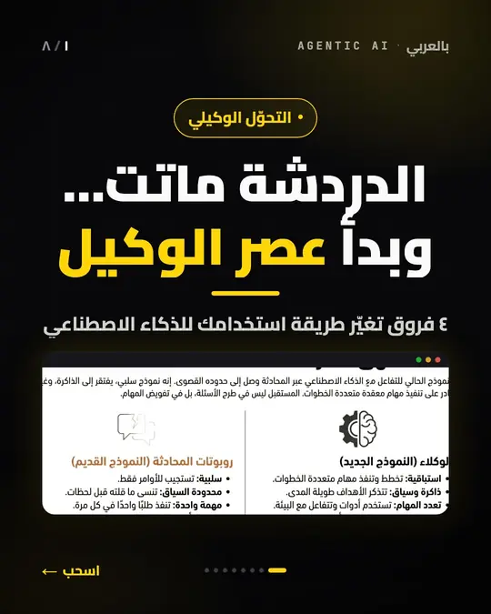 شريحة الغلاف: «الدردشة ماتت… وبدأ عصر الوكيل»، فوق لقطة من الدرس 1.1 تقارن روبوت المحادثة بالوكيل.